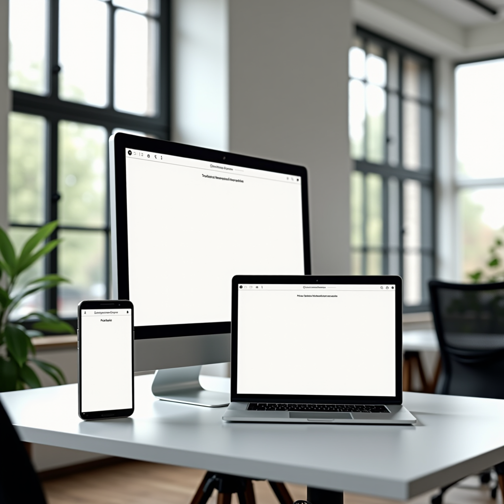 Modern minimalist website interface displayed on multiple devices in a clean Estonian office workspace with natural lighting