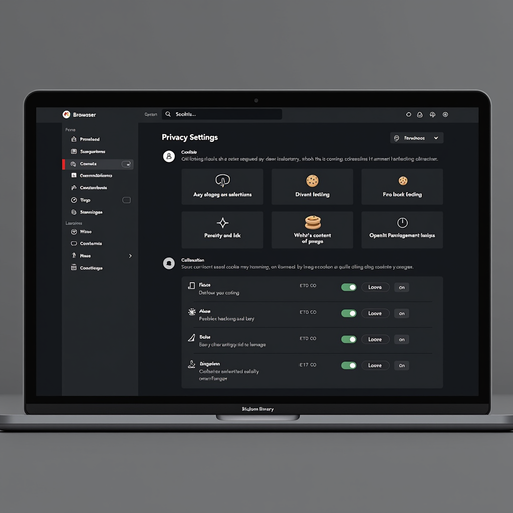 Modern browser settings dashboard showing privacy controls, content permissions, and cookie management options with clean interface design featuring toggles and dropdown menus
