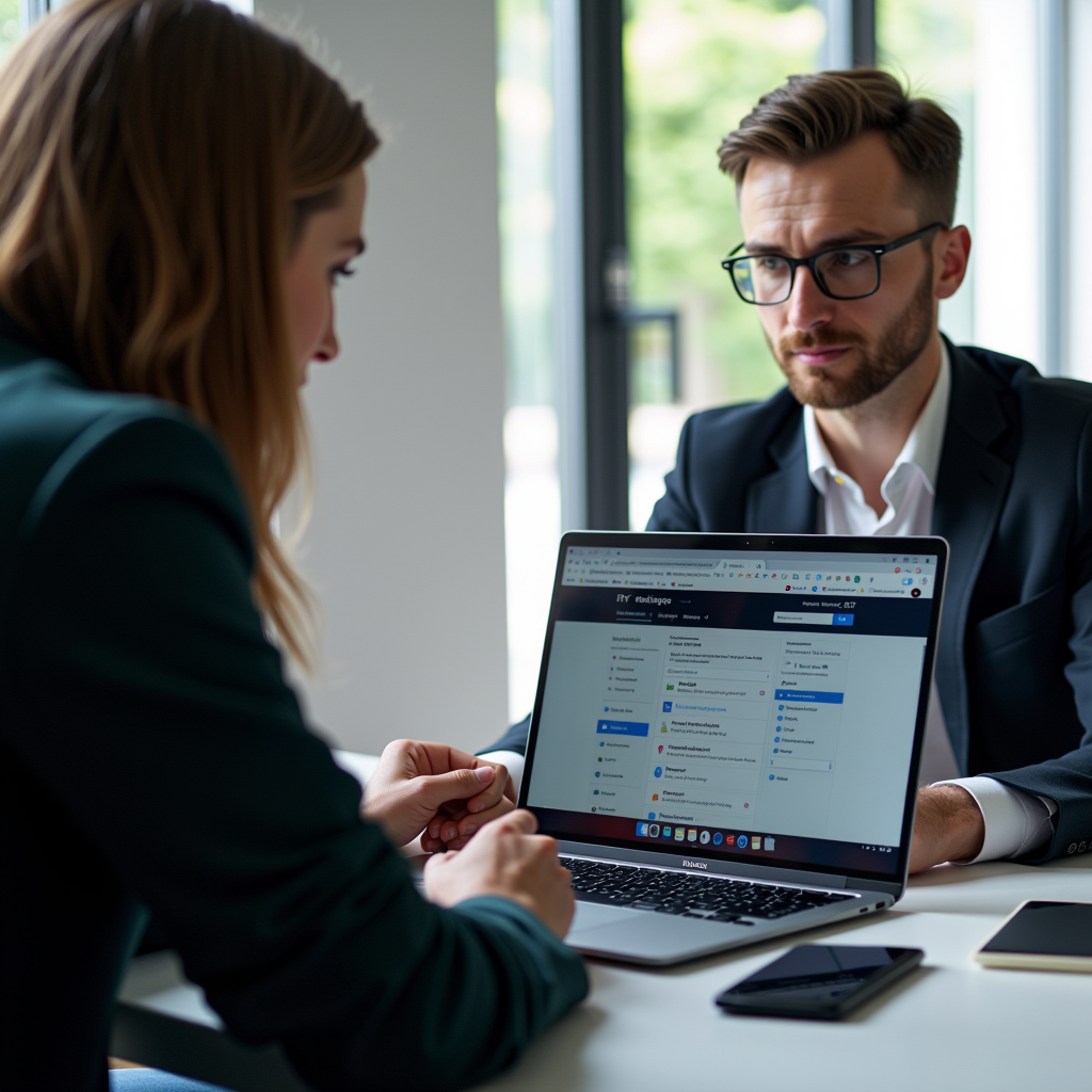 Professional consultation session showing expert analyzing browser settings on laptop screen with client in modern Estonian office environment