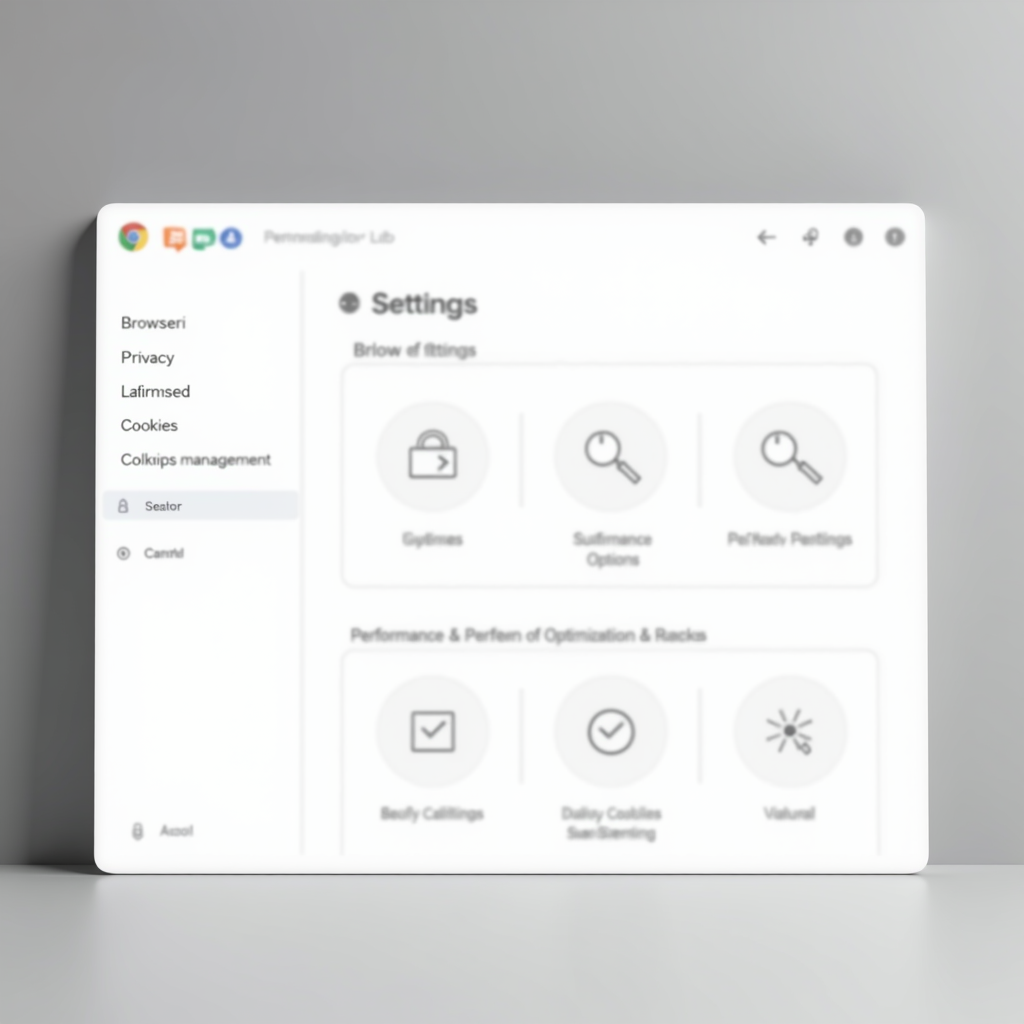 Modern web browser settings interface showing privacy controls, cookie management options, and performance optimization settings with clean minimalist design