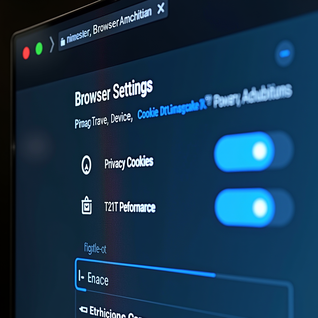 Close-up view of browser settings interface showing privacy controls, cookie management, and performance optimization options on a high-resolution display