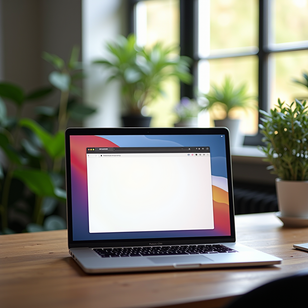 Serene modern workspace in Tallinn with laptop displaying clean, distraction-free browser interface, surrounded by plants and natural light