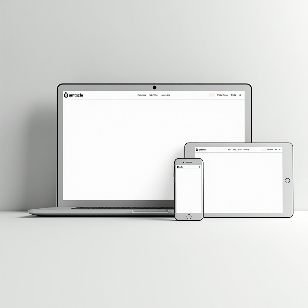 Clean, minimalist website interface displayed on laptop, tablet and phone screens showing streamlined design with plenty of whitespace and simple navigation